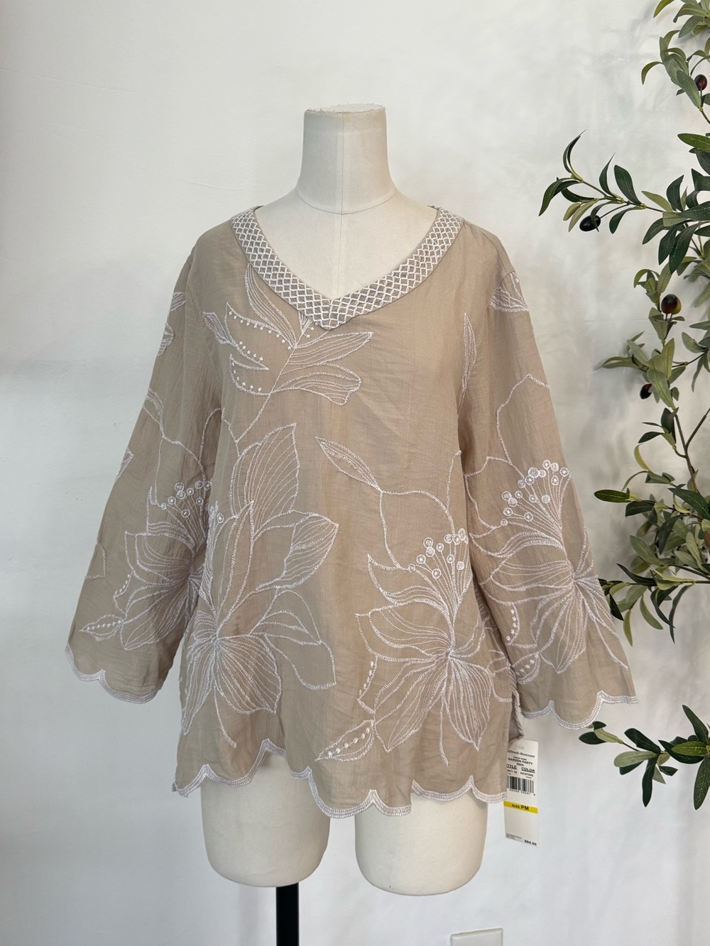 Alfred Dunner Petite M 100% Cotton Embroidered Floral Blouse Boho Cottagecore